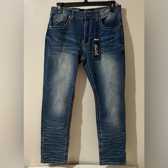 True Luck Men’s Jeans Classic Stretch Straight 34/32 Thick Stitch Whiskered NEW‎ - Picture 1 of 14